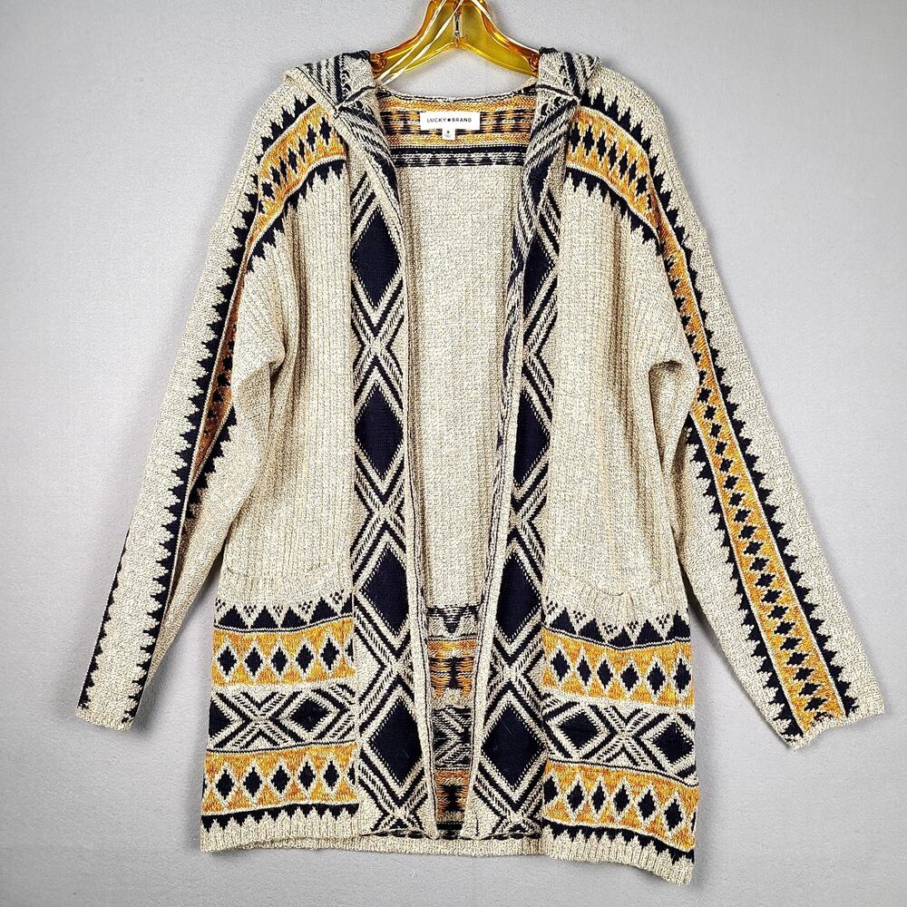 Lucky Brand Southwestern Boho Hooded Longline Cardigan Size M Cozy Pockets Hood